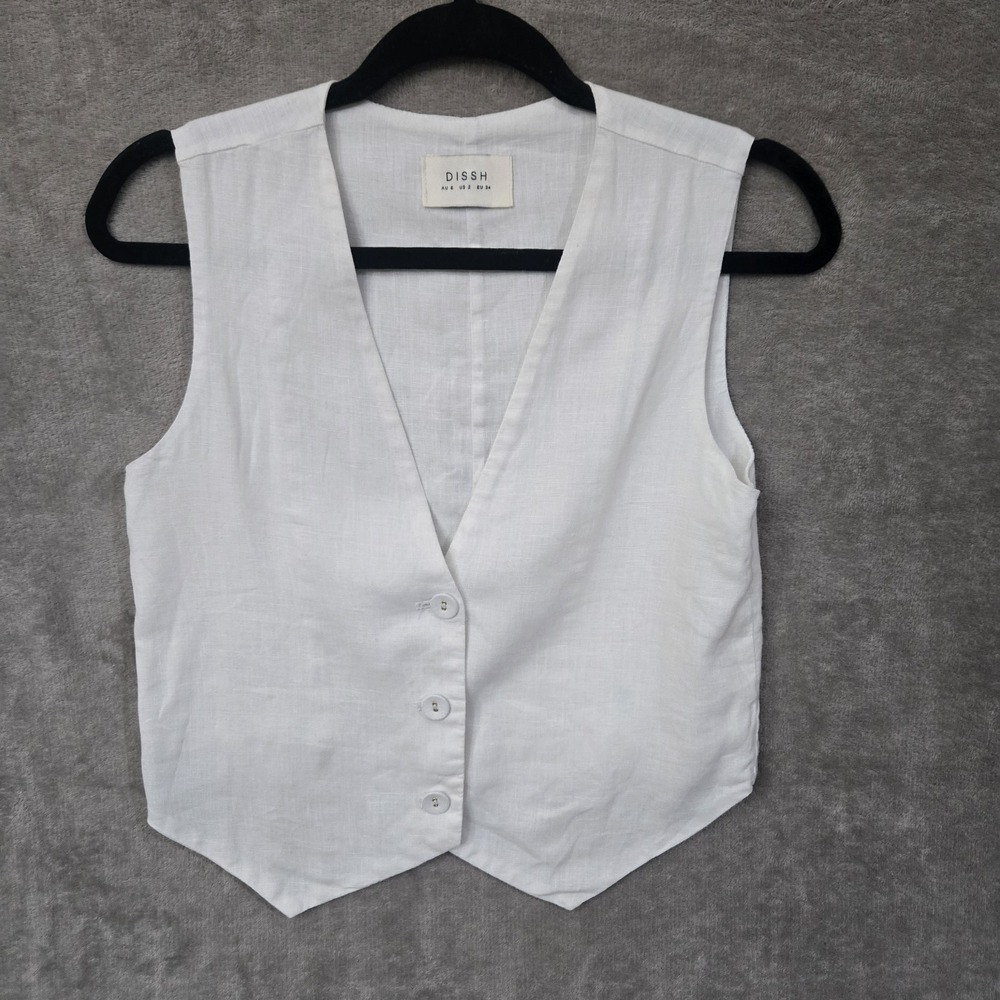 Dissh White Linen Vest - Sleeveless Button Front
